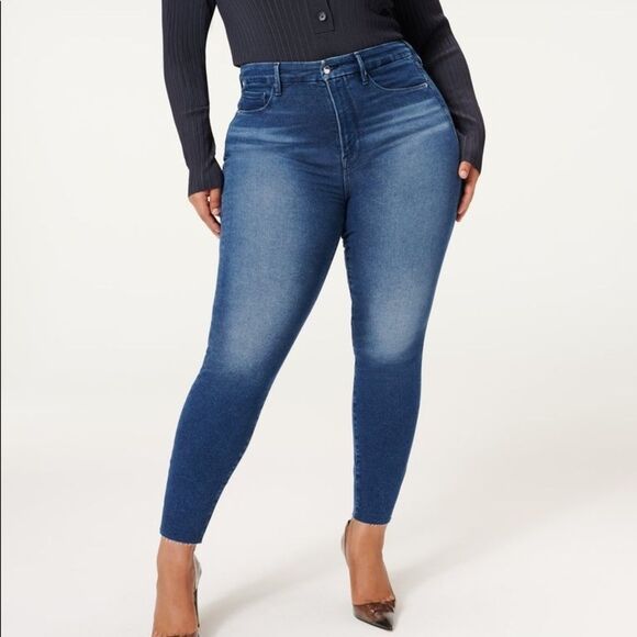 Good American Good Waist Crop Jeans in Medium/Dark Wash with Raw Edge Hem - 24W - Picture 1 of 13
